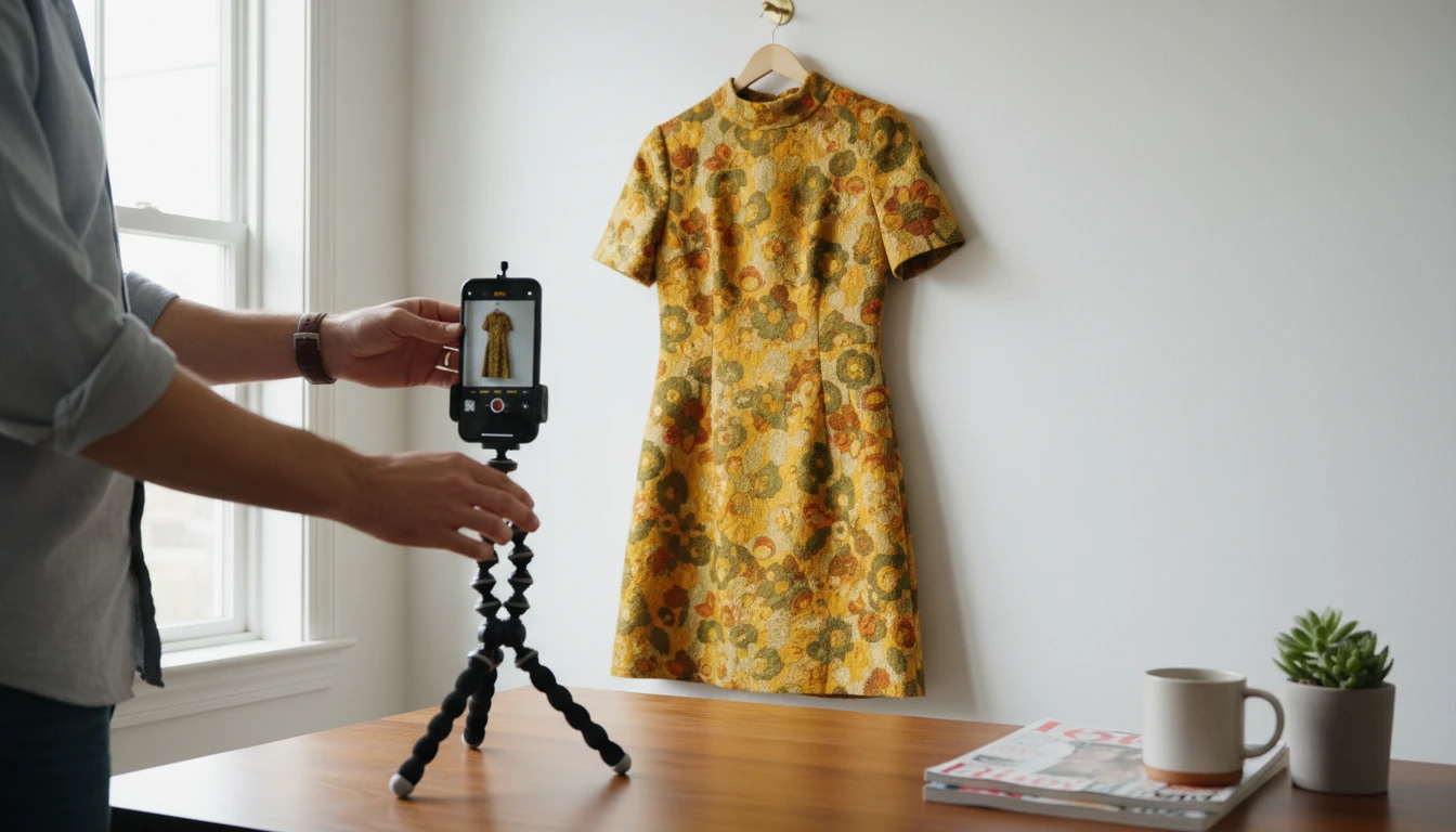 Person photographing a vintage dress on a hanger for an online secondhand listing