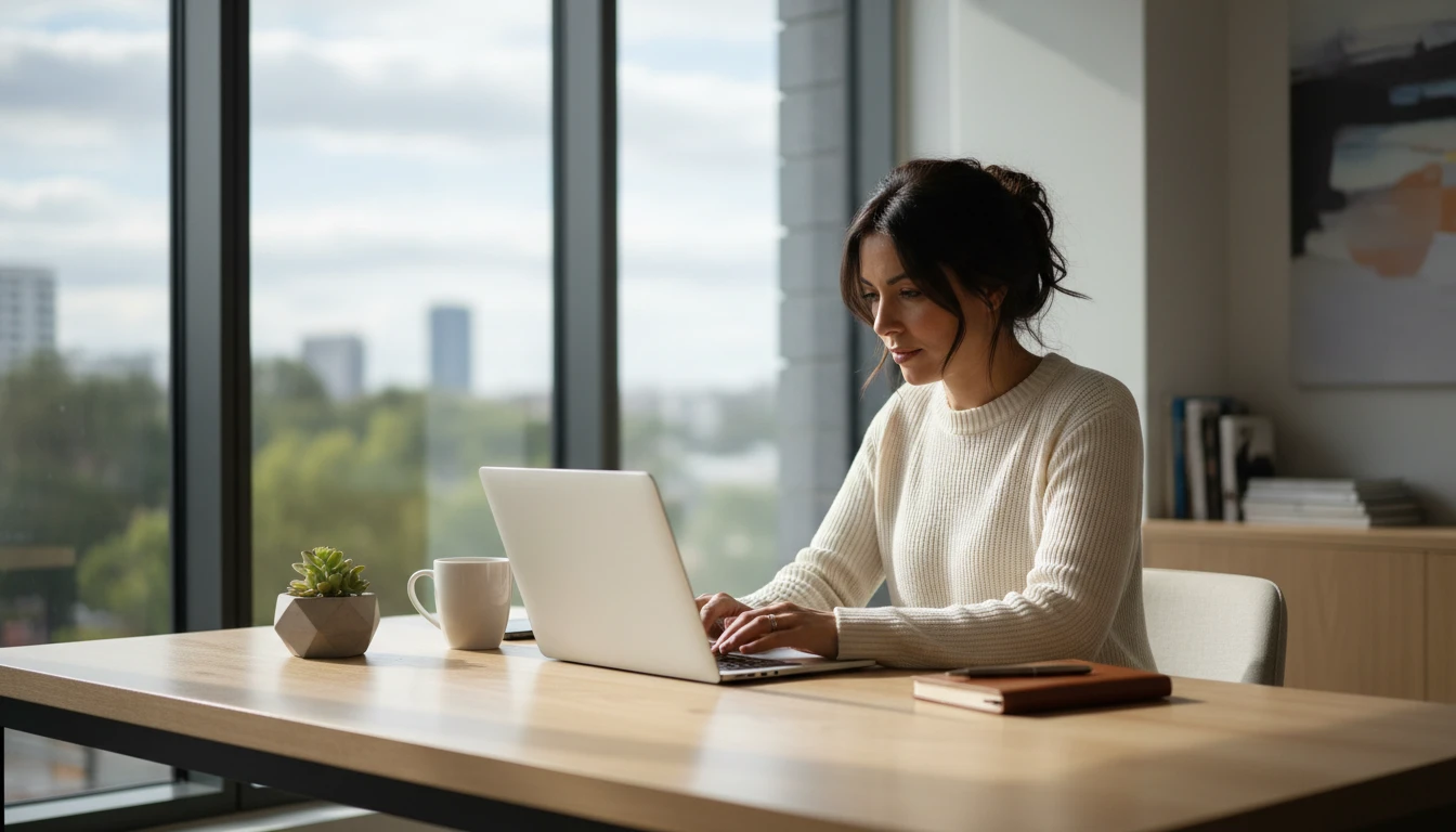 Professional at a desk composing an email on a laptop in a modern office