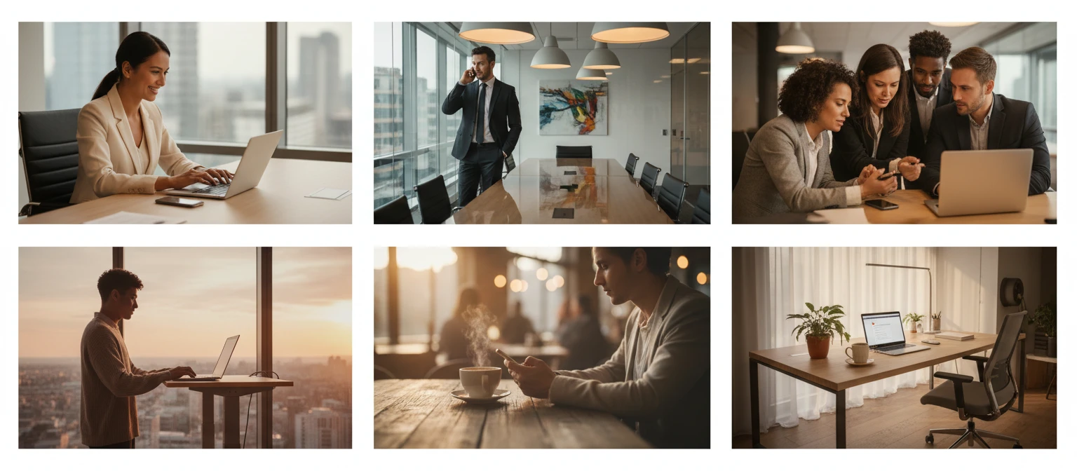 Professional email communication scenes showing diverse business correspondence contexts