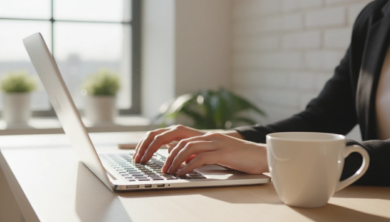 Person typing a professional email on a laptop at a tidy workspace