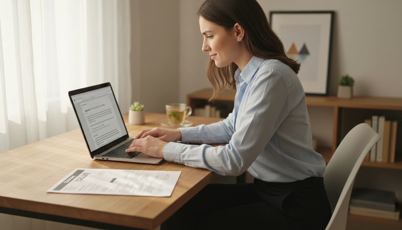 Job seeker composing a professional application follow-up email on a laptop