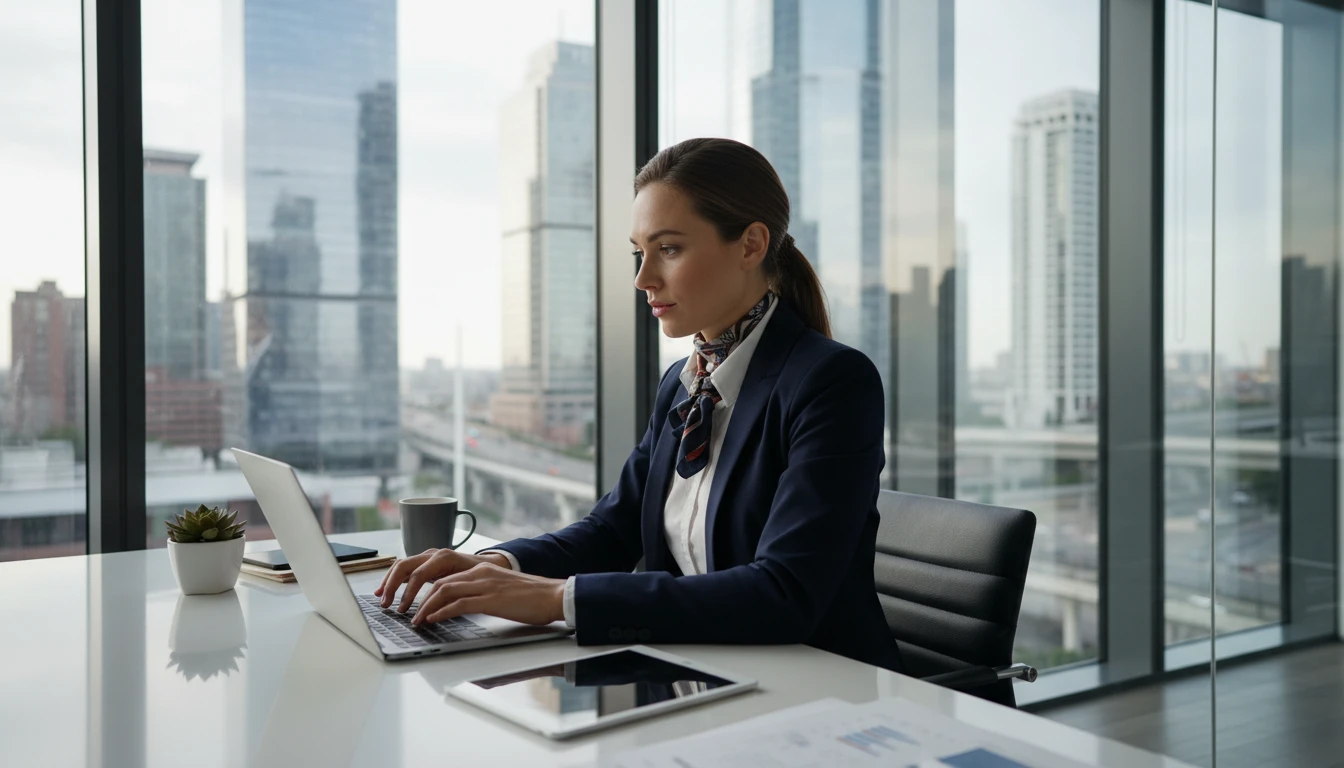 Sales professional at a desk writing a client email on a laptop