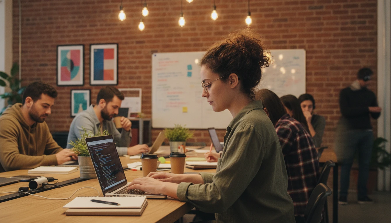 Startup founder composing a business proposal email at a co-working space