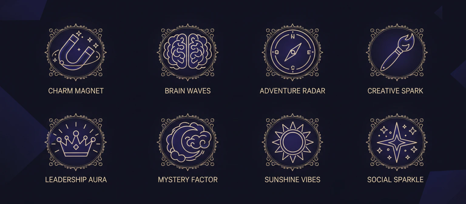 Eight colourful superpower icons with names: Charm Magnet, Brain Waves, Adventure Radar, Creative Spark, Leadership Aura, Mystery Factor, Sunshine Vibes, Social Sparkle