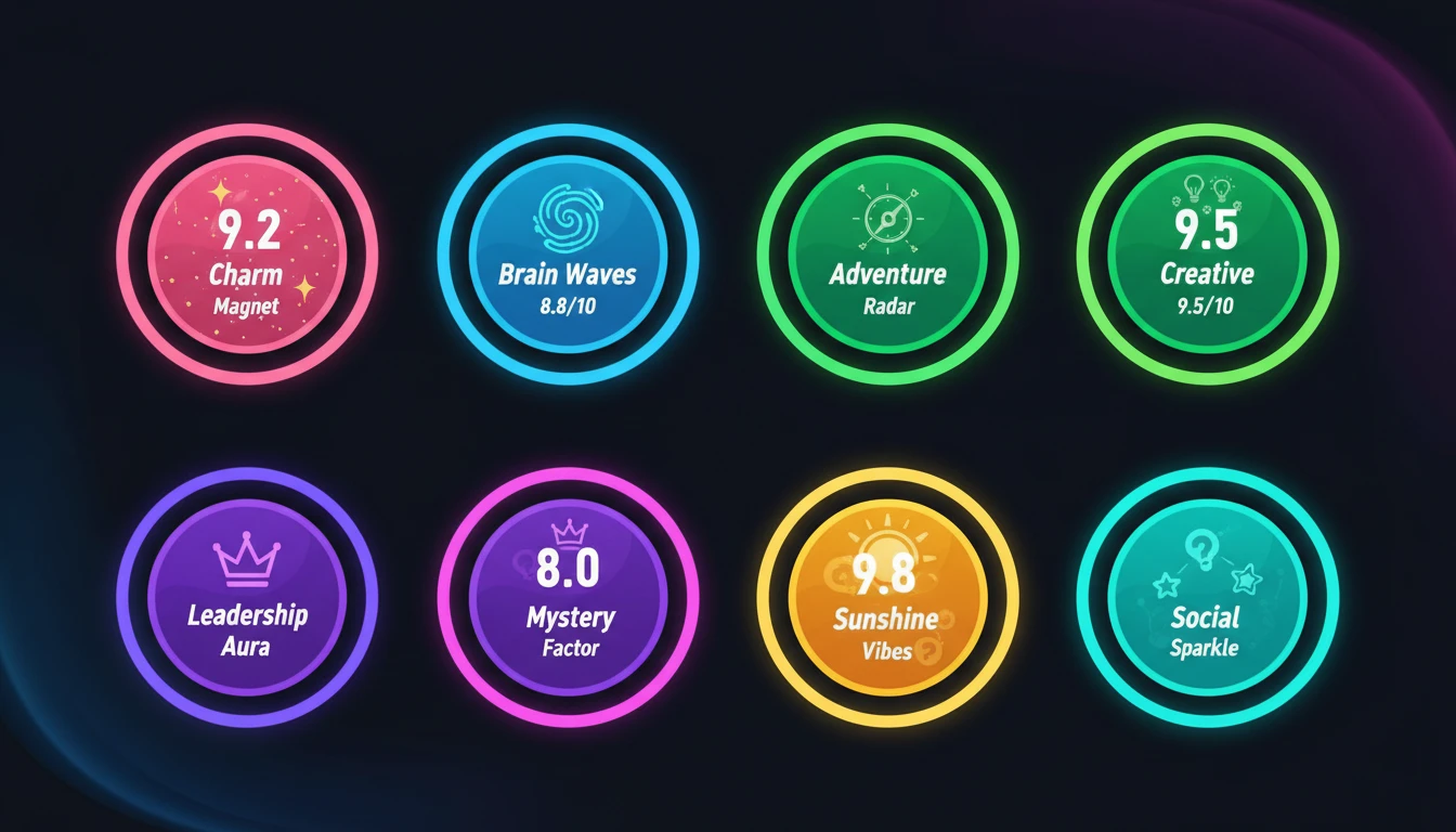 Colourful scorecard showing 8 superpower scores with star ratings and encouraging descriptions