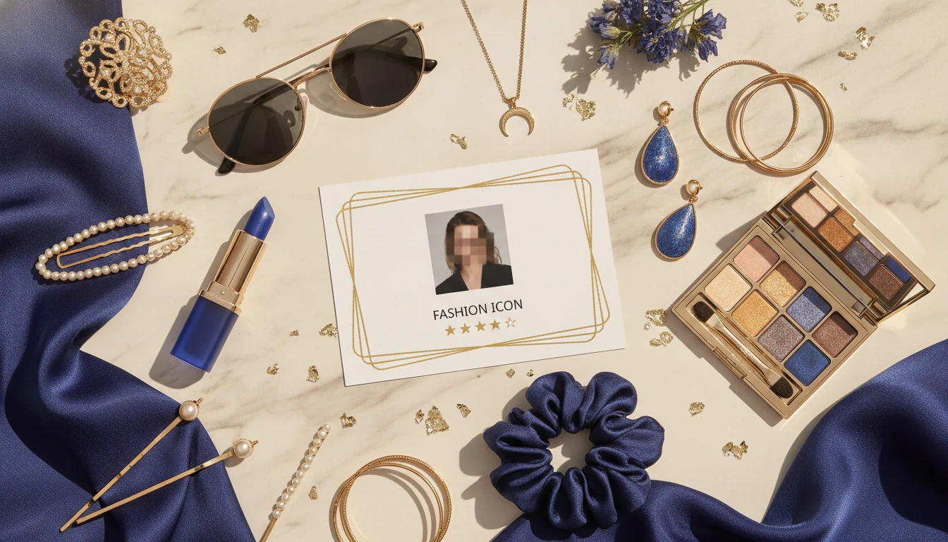 Split panel showing colourful fashion mood board with hair, makeup, and accessory style cards alongside a celebrity match card