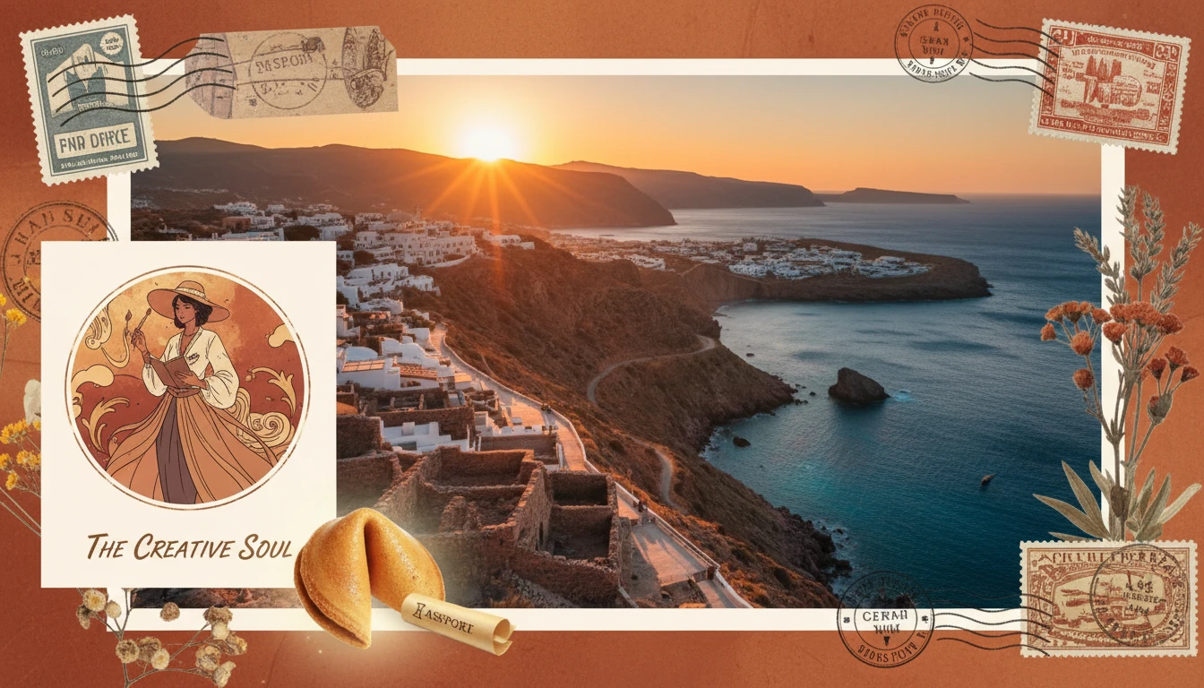 Collage showing travel destination photos, personality archetype card, and a glowing fortune cookie illustration