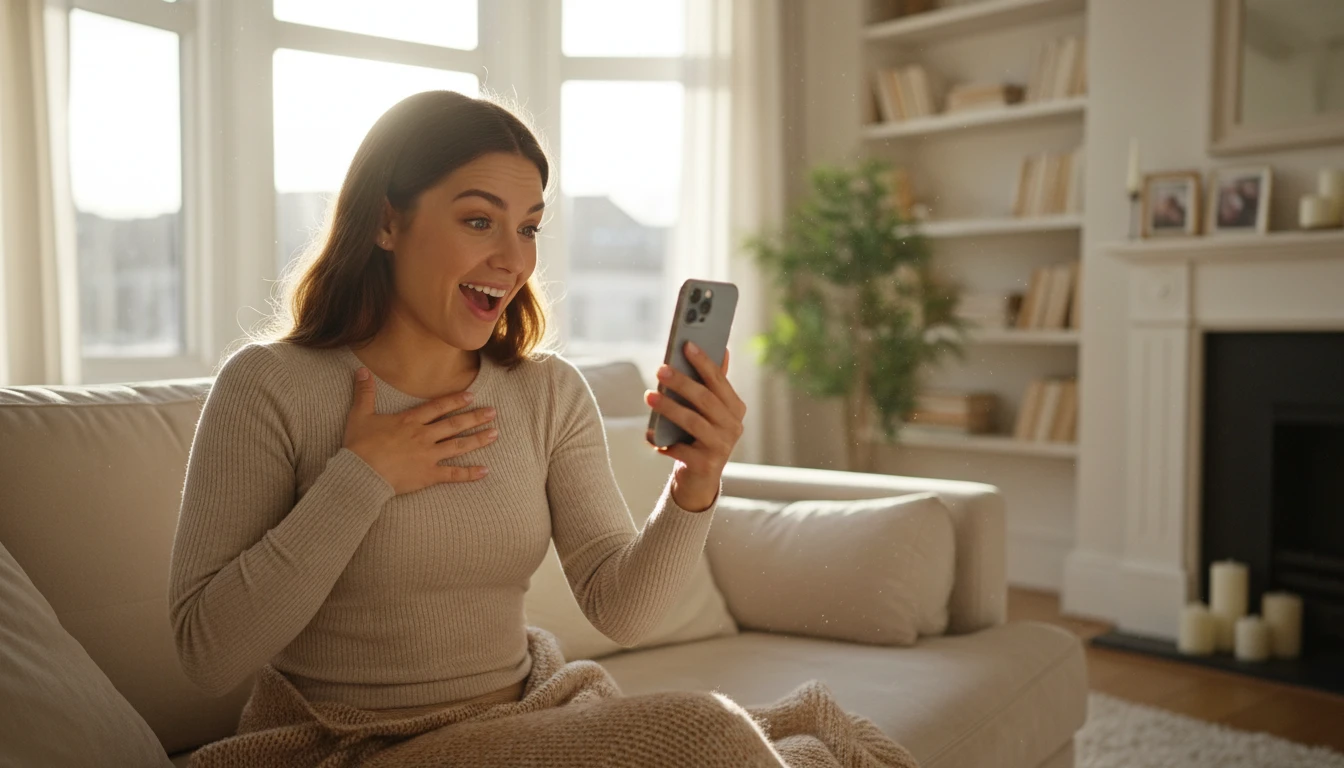 Person smiling and reading their phone with a happy, surprised expression