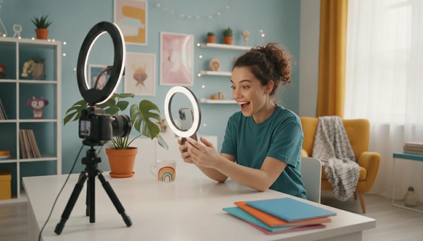 Content creator filming their reaction to their AI face attractiveness test results on a ring-light-lit desk setup