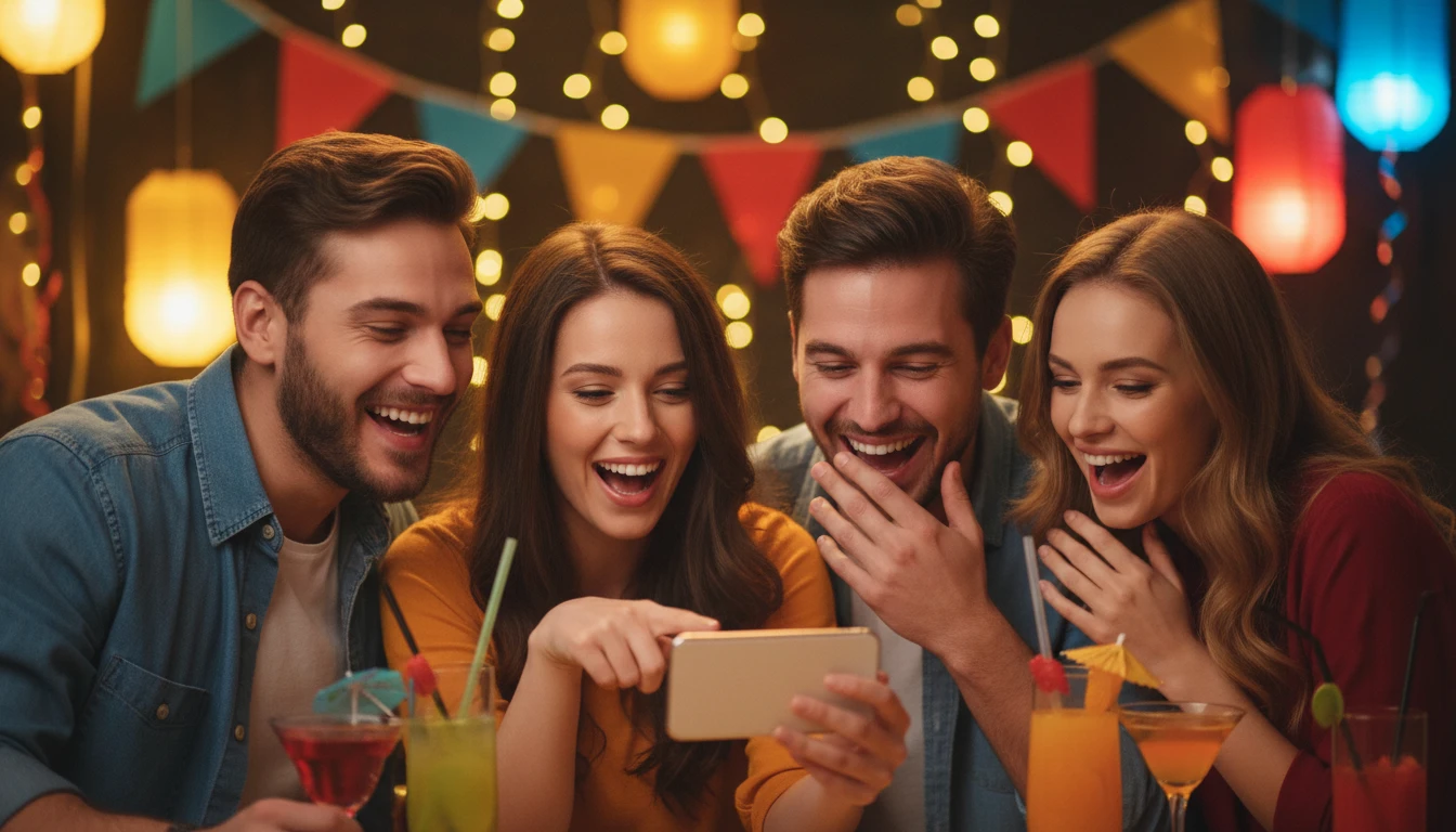 Group of friends crowded around a phone laughing at their AI face test results at a party