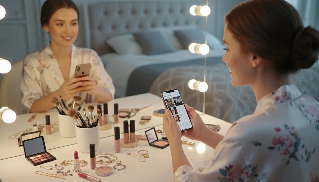 Person reading their style playbook recommendations on a phone while sitting in front of a mirror with makeup