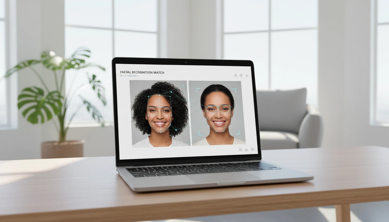 Two portrait photos displayed side by side on a screen being analyzed by AI face comparison software