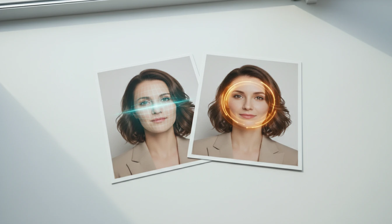 Close-up of two separate portrait photos being independently analyzed before comparison