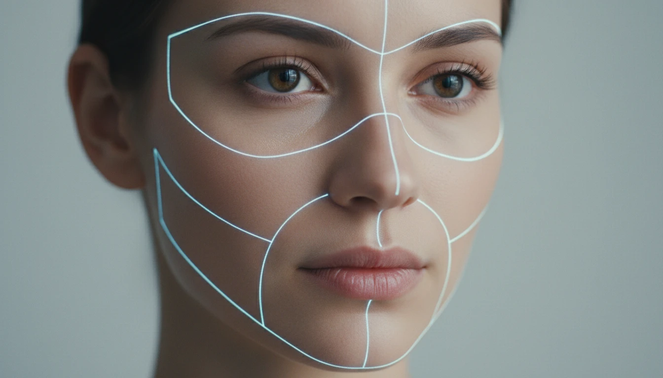 Diagram showing different facial regions highlighted including eyes, nose, mouth, chin, and cheekbones