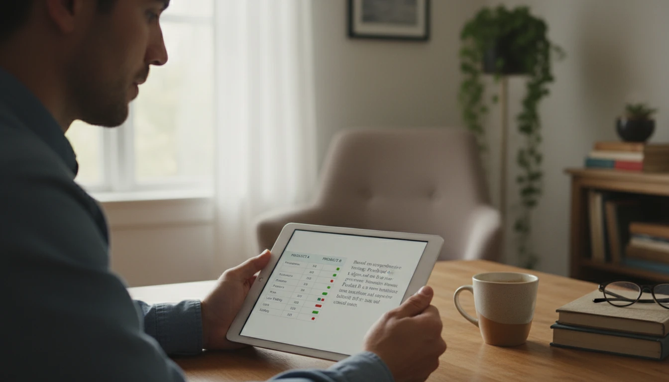 Person reading a detailed face comparison report on a tablet with similarity scores and written analysis visible
