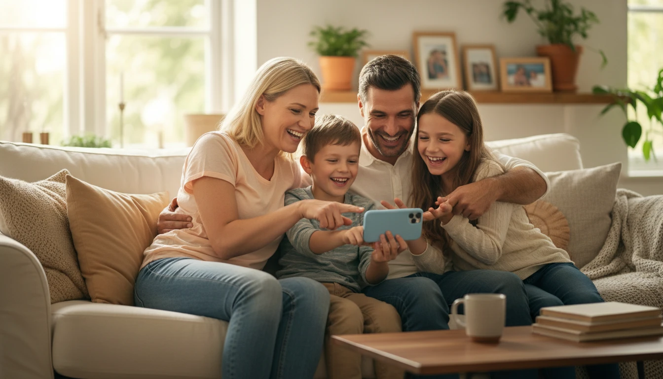 Family members looking at a face comparison result on a phone together, smiling and pointing at the screen