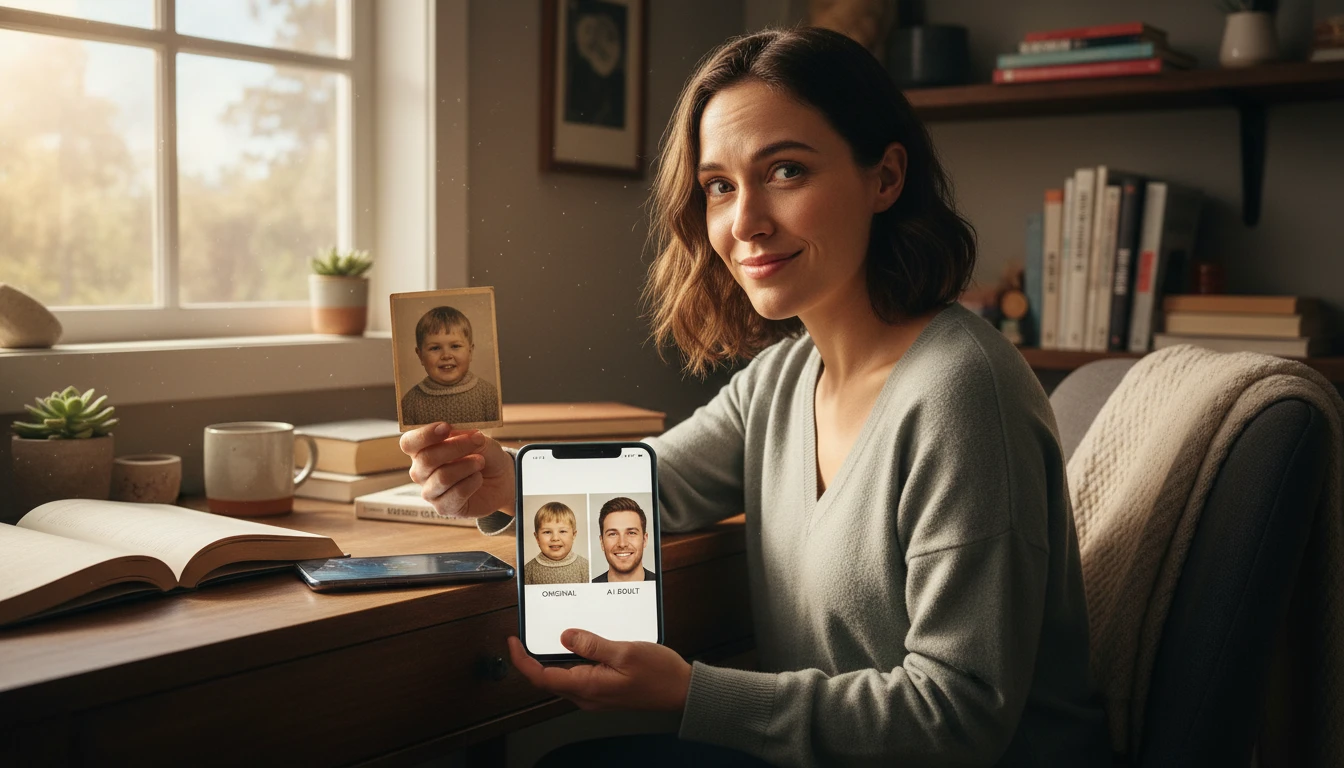 Person holding a childhood photo next to a current photo, comparing them on a phone