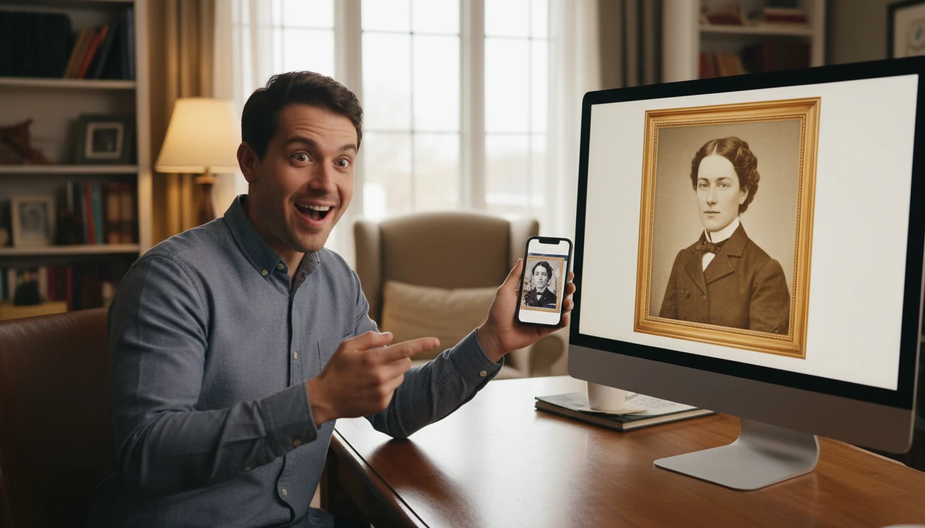 Person comparing their selfie to a historical portrait photograph on a computer screen