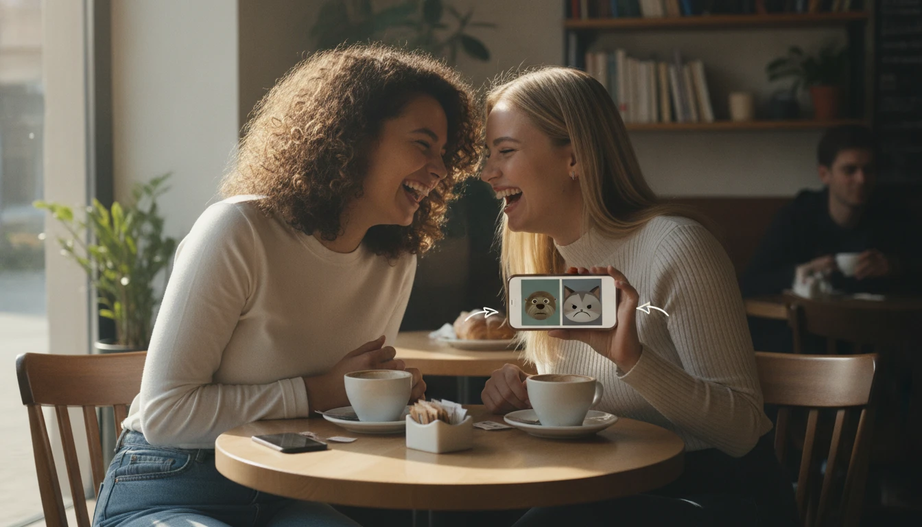 Two friends laughing while comparing their face comparison results on a phone