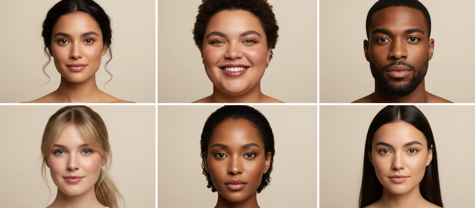 Seven illustrated face shape outlines: oval, round, square, heart, diamond, oblong, and triangle arranged side by side