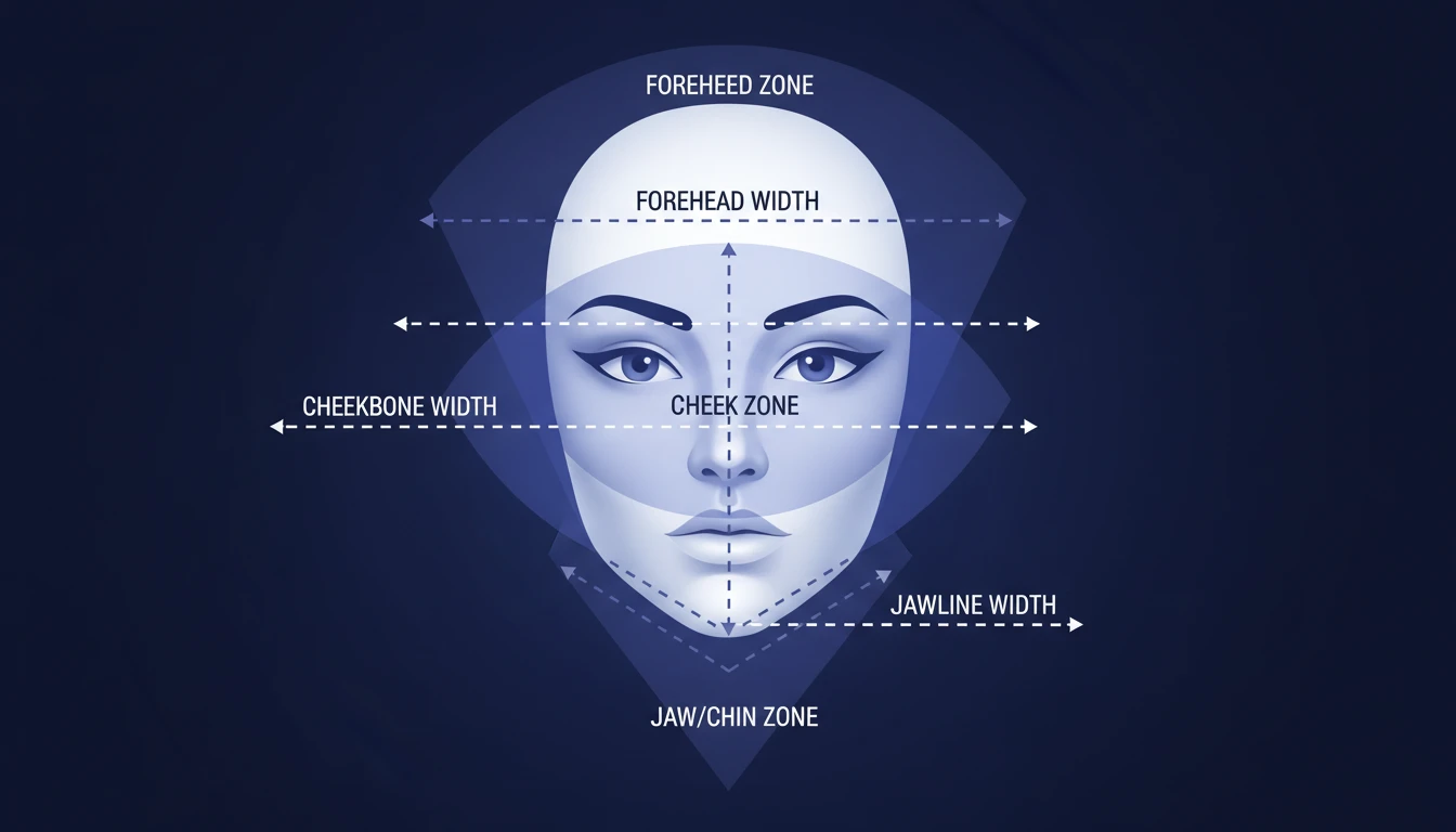 Facial proportion diagram showing forehead, cheekbone, and jawline measurements for face shape classification