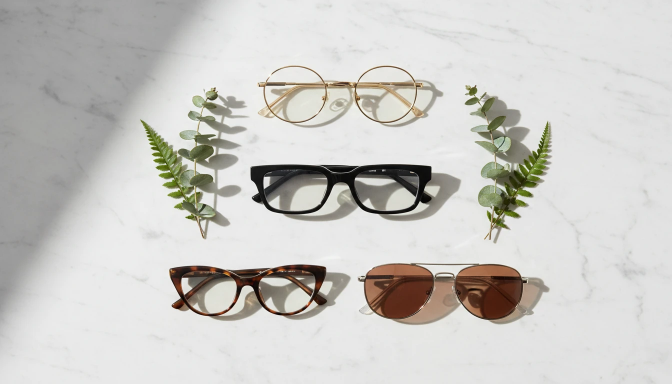Grid of different eyewear frame shapes and hairstyles for different face shapes