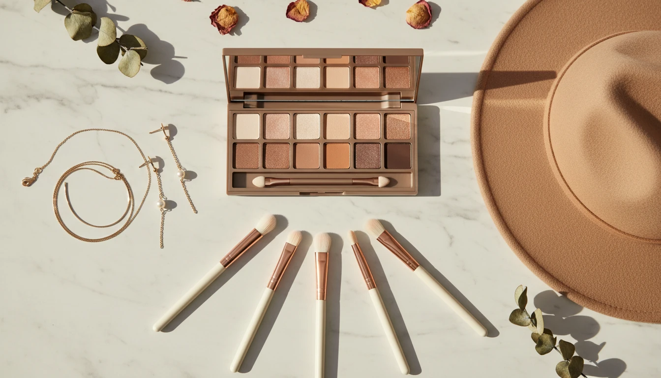Beauty flat-lay showing makeup brushes, eyeshadow palette, and accessory items arranged for face shape styling