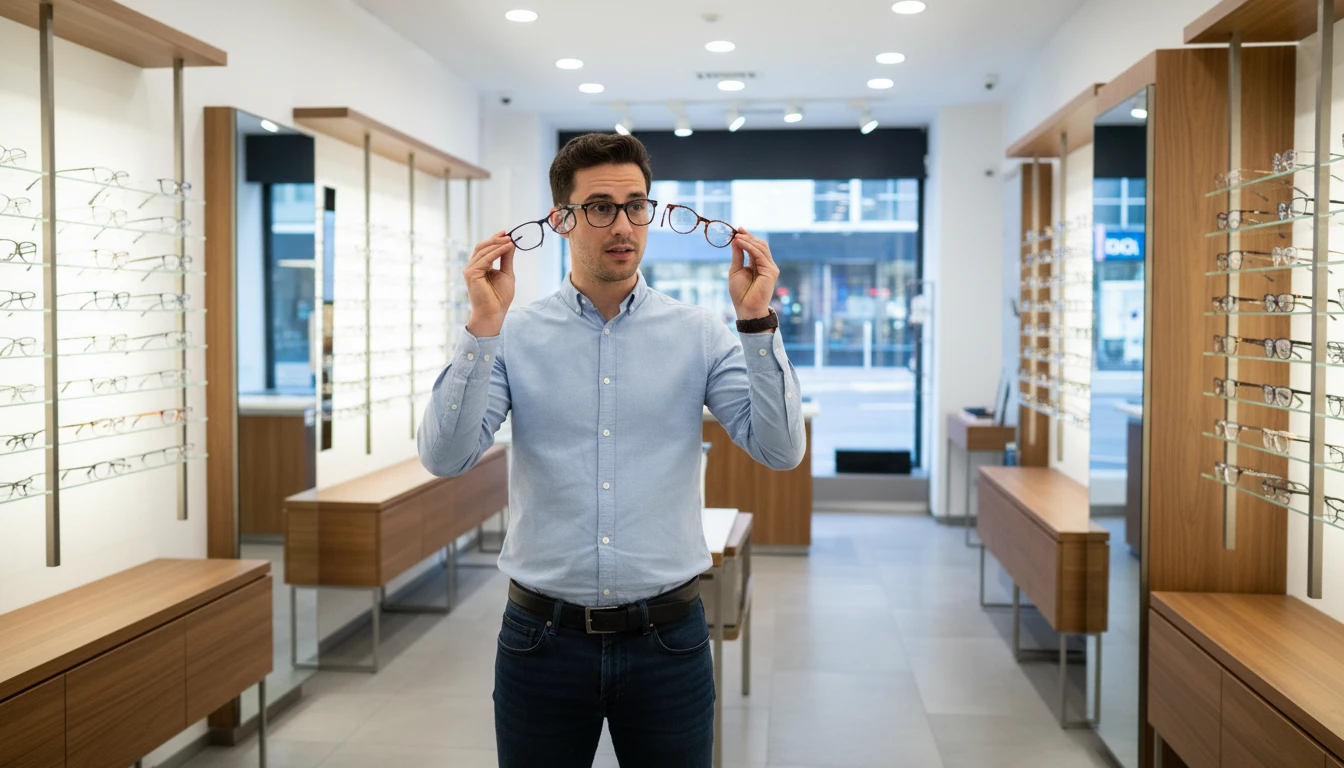 Person trying on different eyewear frames in an optician shop