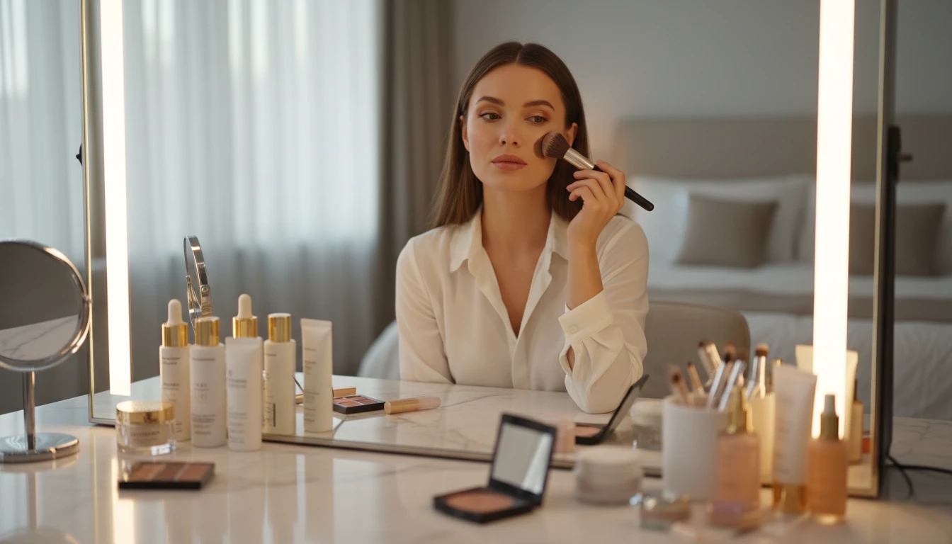 Person applying contour makeup looking at their reflection in a lighted vanity mirror