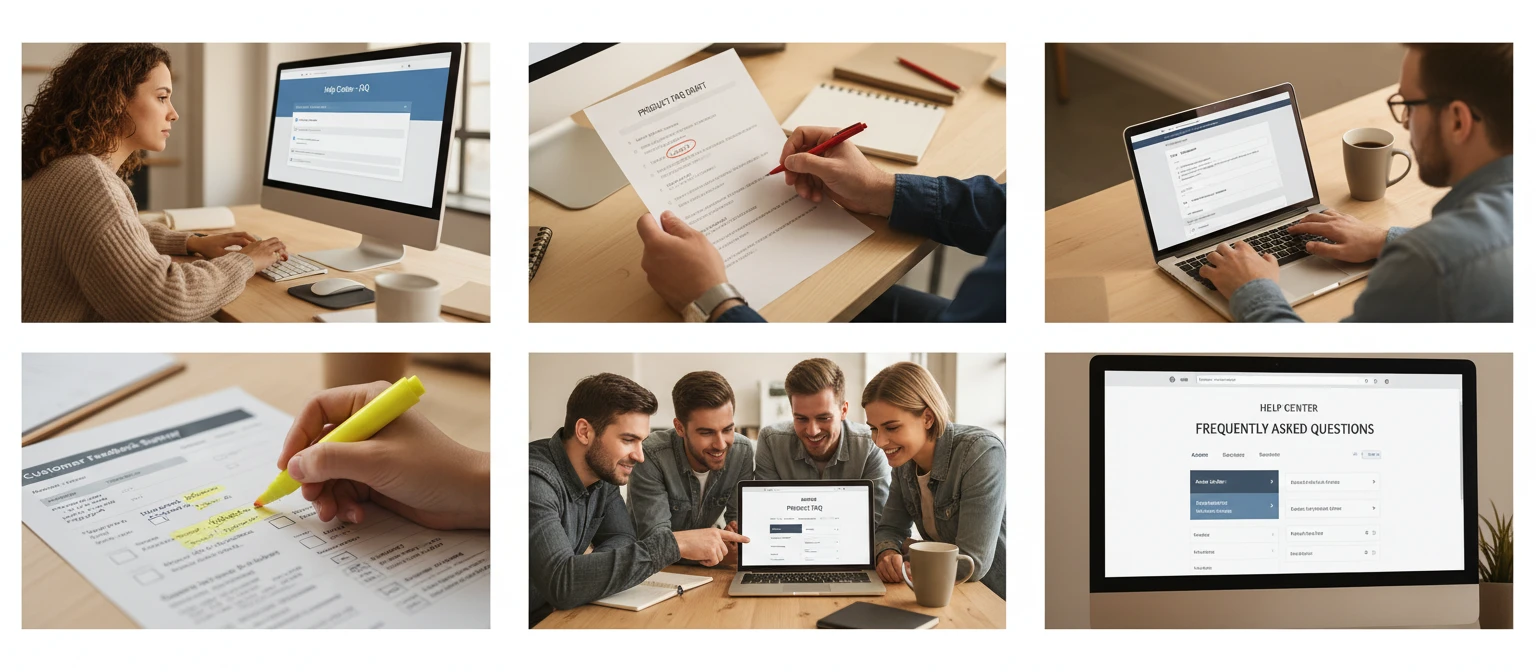 Wide collage of support, product, and content professionals working on FAQ and help documentation