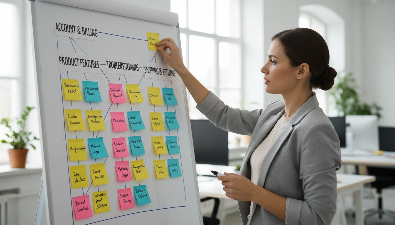 Content editor organizing FAQ sections by category on a whiteboard before publishing