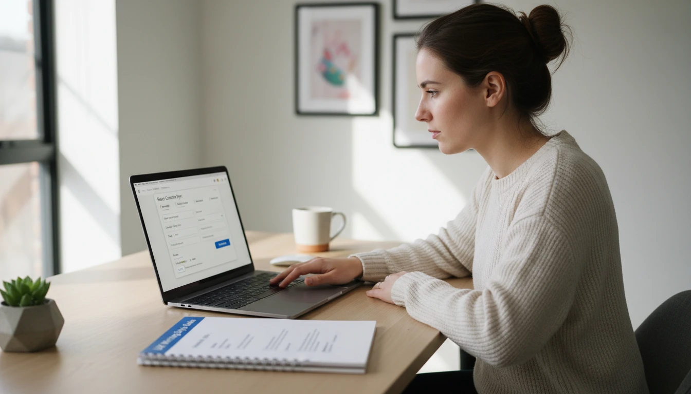 UX writer selecting audience and tone settings on a laptop before generating FAQ content