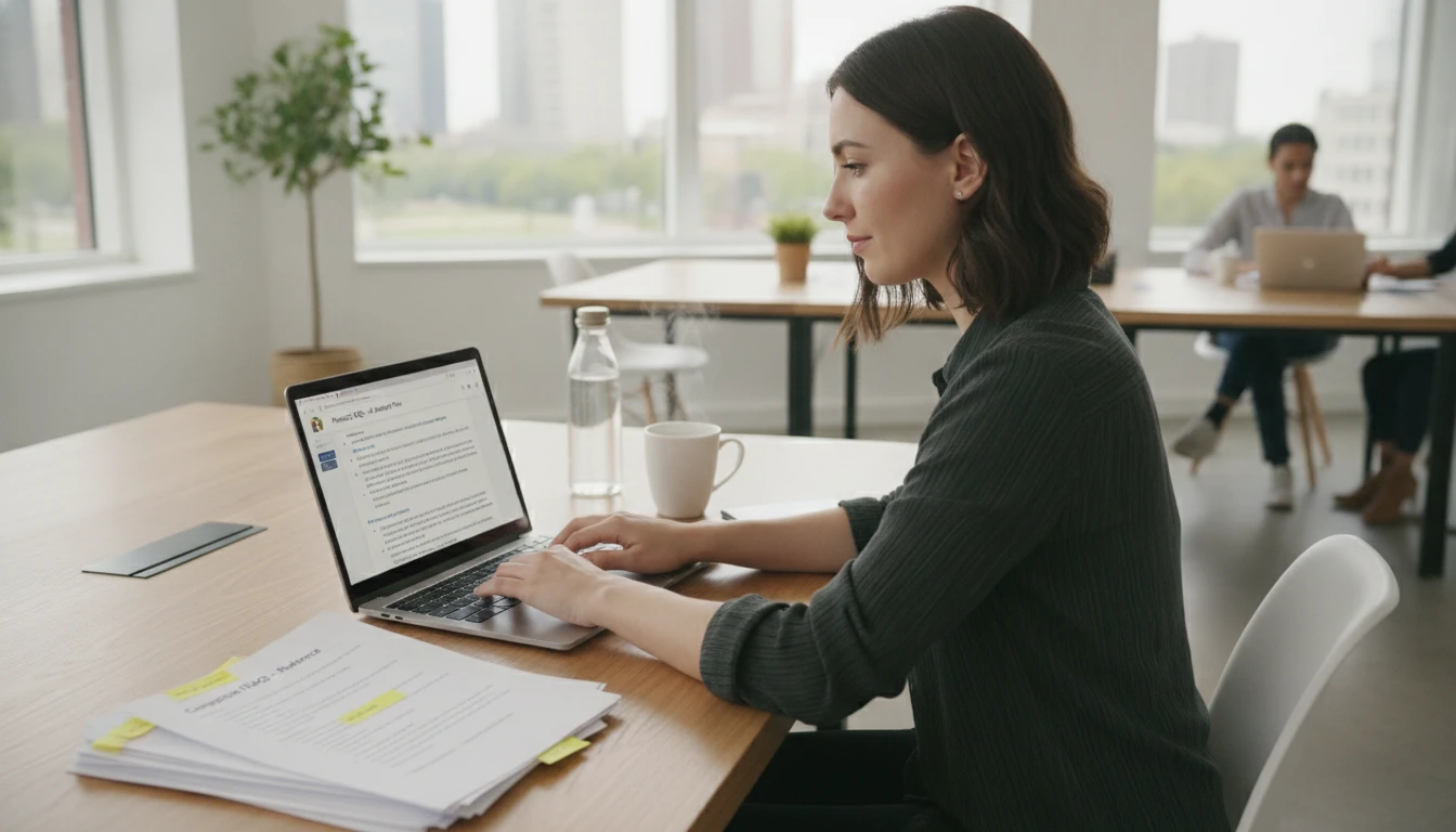 Product marketer at a desk generating FAQ content for a product landing page on a laptop