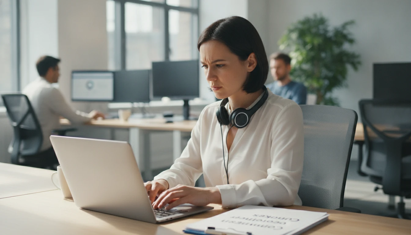 Support team lead at a desk building a knowledge base FAQ on a laptop
