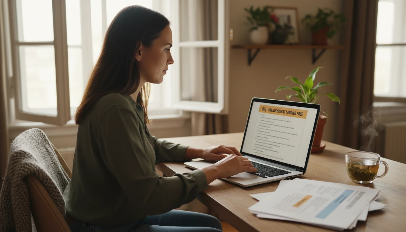 Course creator at a desk drafting FAQ content for an online course landing page