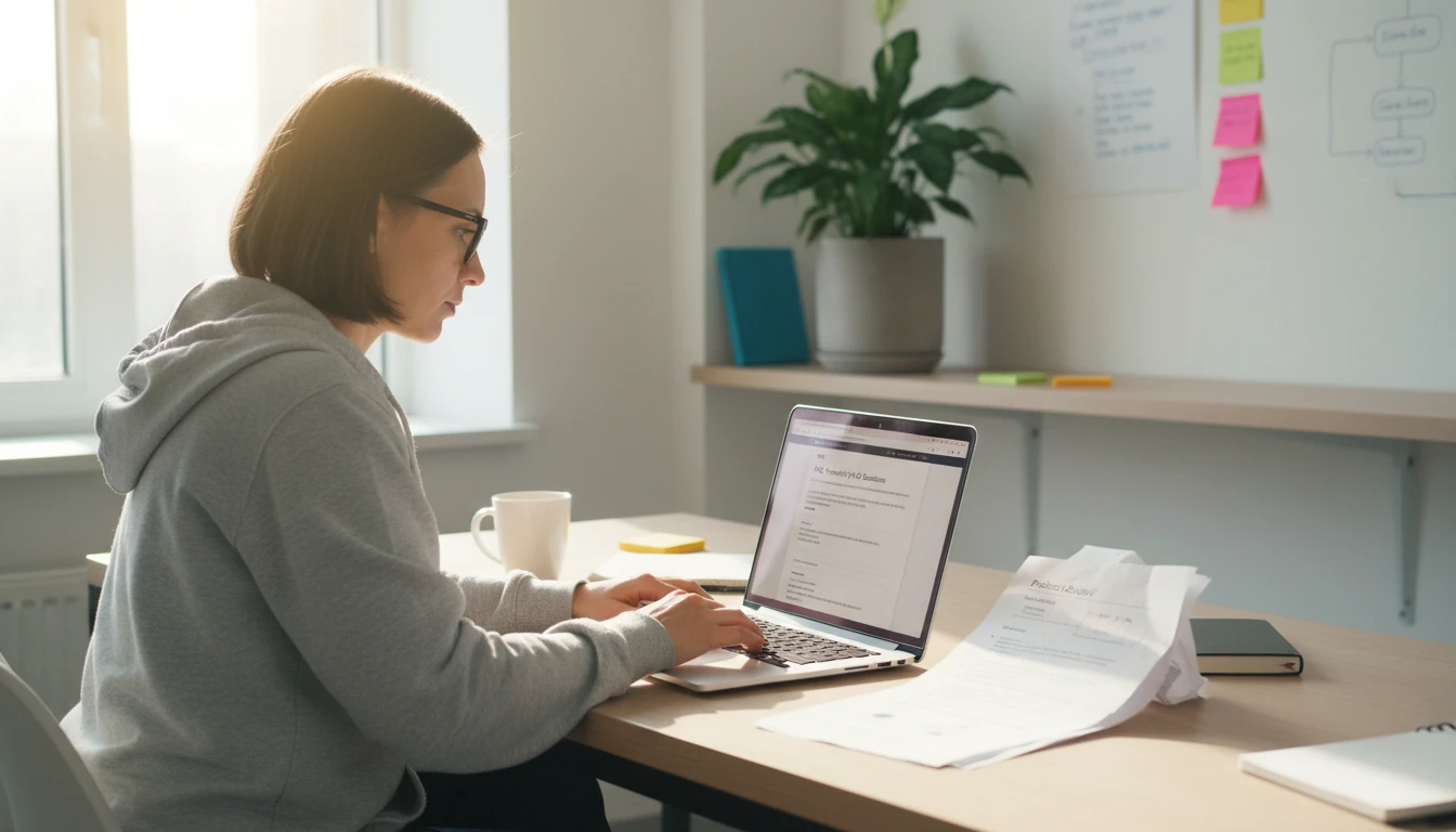 Startup founder at a desk building a product FAQ for the website on a laptop