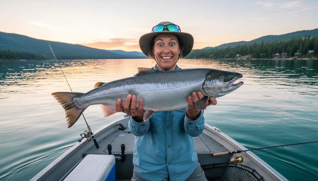 Angler on a boat holding a freshly caught fish and photographing it to identify the species