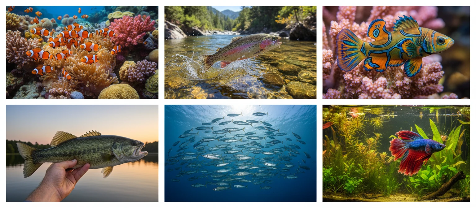 Wide nature photograph of colourful fish in a clear tropical ocean or freshwater environment