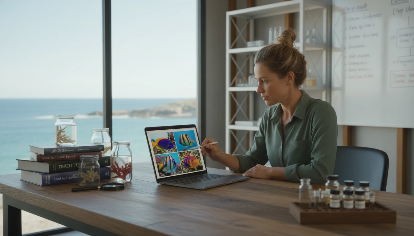 Marine biologist at a research station comparing fish specimen photos on a laptop for species identification