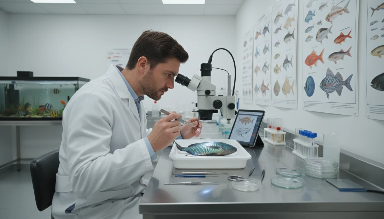 Ichthyologist at a laboratory examining a fish specimen under bright light to study fin and scale characteristics