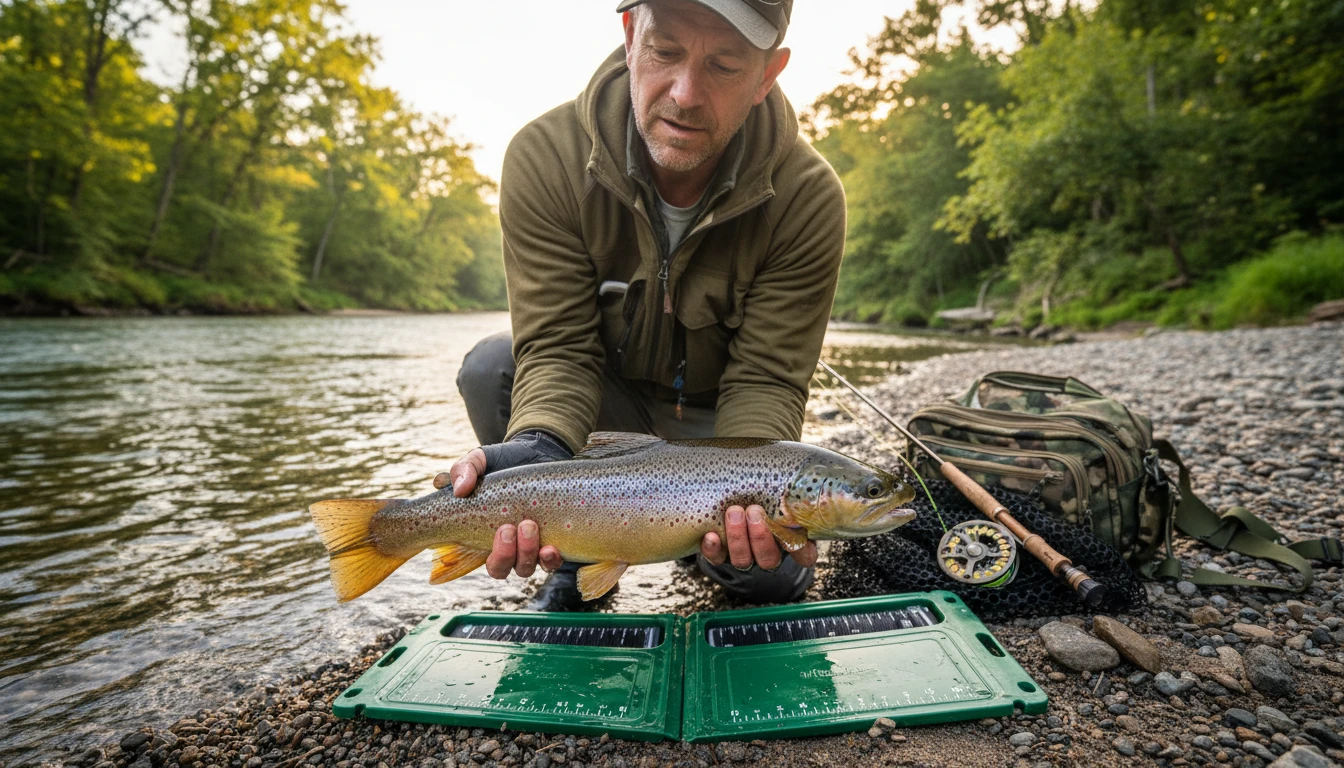 Angler at a riverbank checking a caught fish against a size gauge before deciding whether to keep or release it
