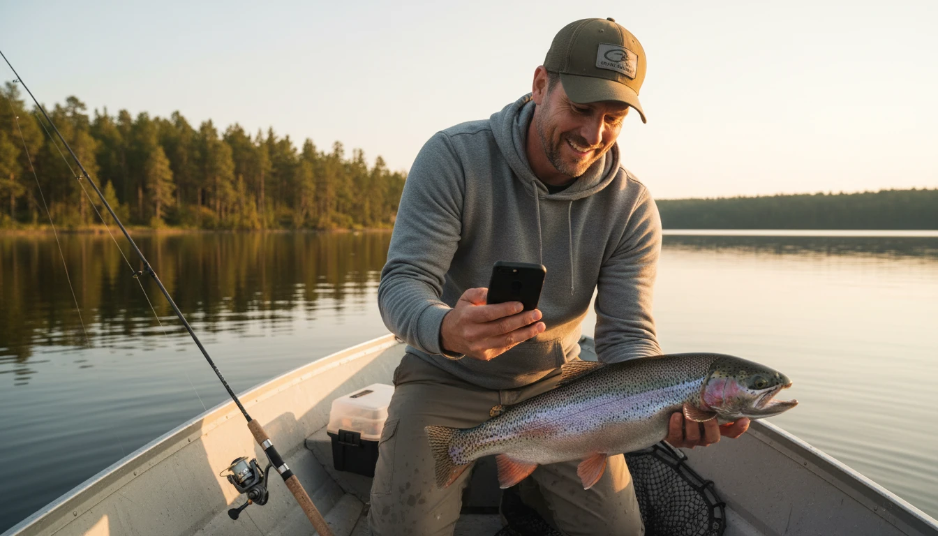 Angler on a lake holding a caught fish over the water to photograph it for identification before releasing it