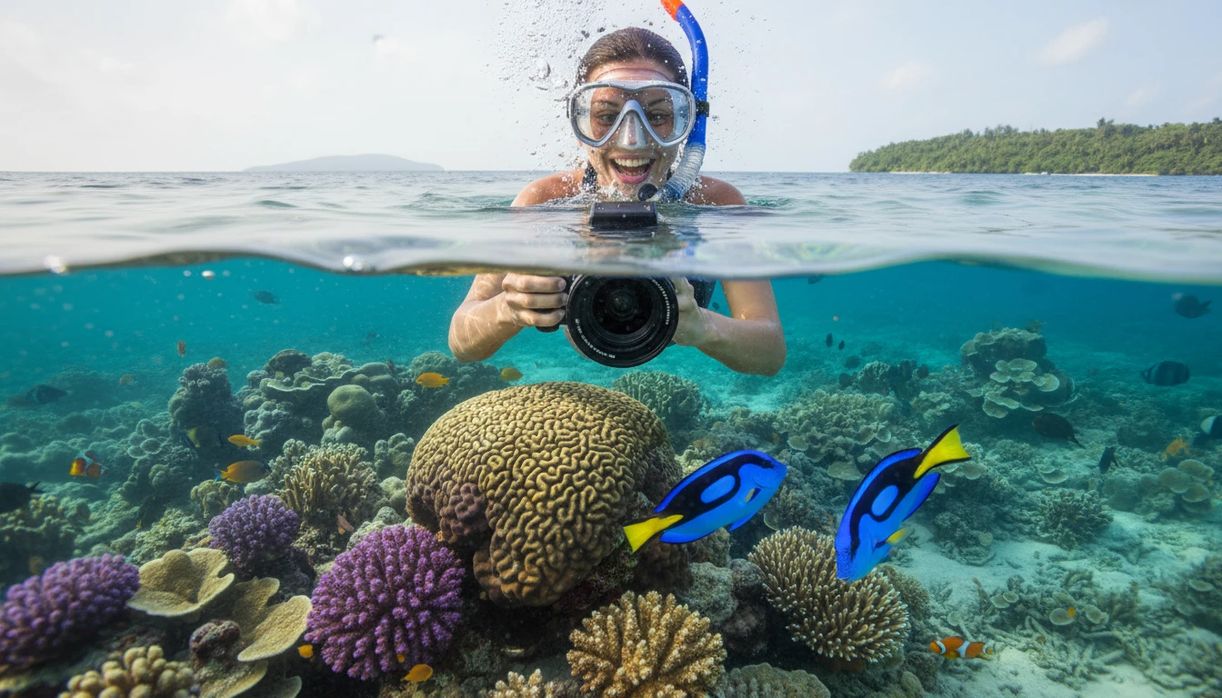 Snorkeller at a coral reef surfacing and photographing a colourful reef fish with an underwater camera