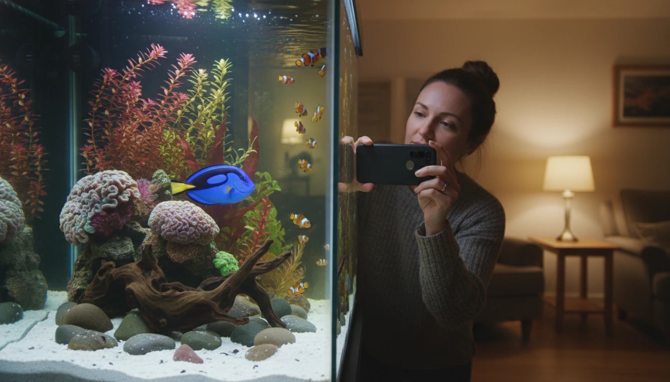 Aquarium hobbyist photographing a tropical fish in a home aquarium tank to identify the species on a phone