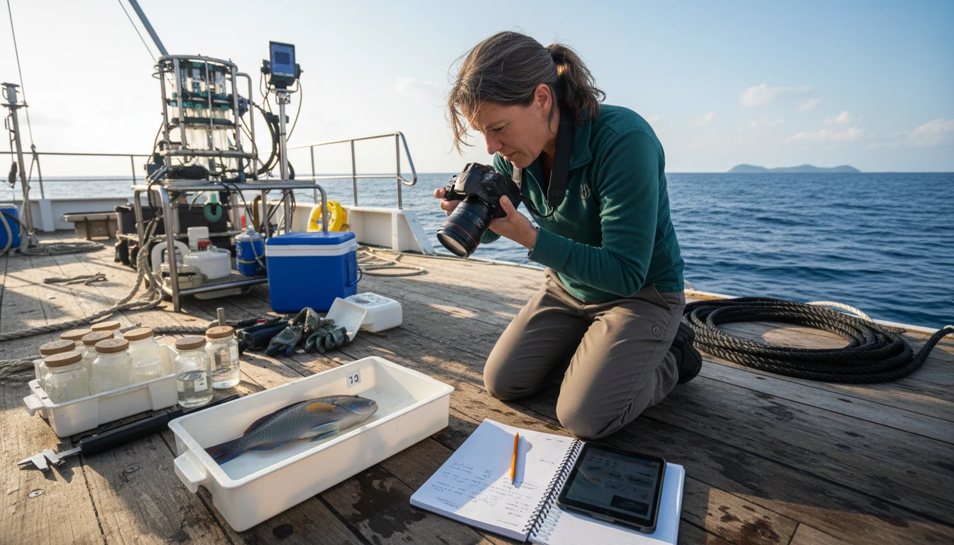 Marine biologist on a research vessel photographing a fish sample for species identification and data logging