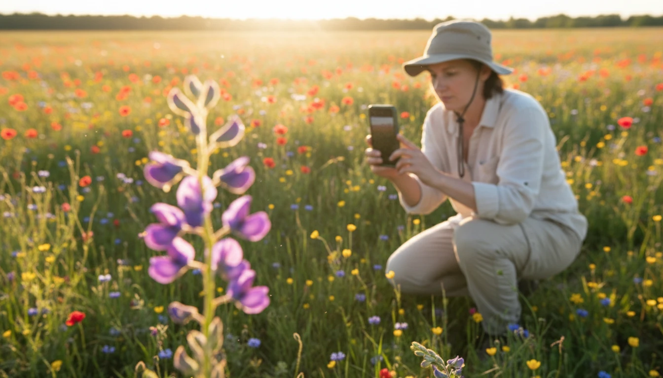Person photographing a wildflower in a meadow with a smartphone to identify the species
