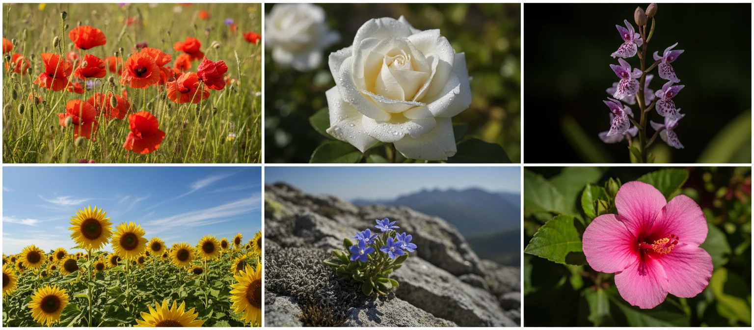 Photo collage of different flower species categories including wildflowers, garden roses, tropical orchids, alpine flowers, and meadow blooms