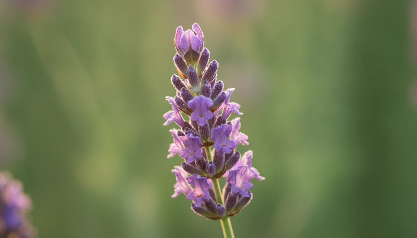 Close-up of a purple lavender flower with scientific name label overlay