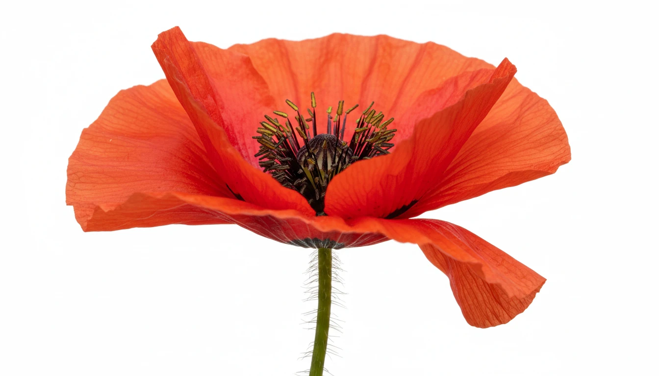 Detailed botanical photograph of a red poppy showing the petals, centre, and stem