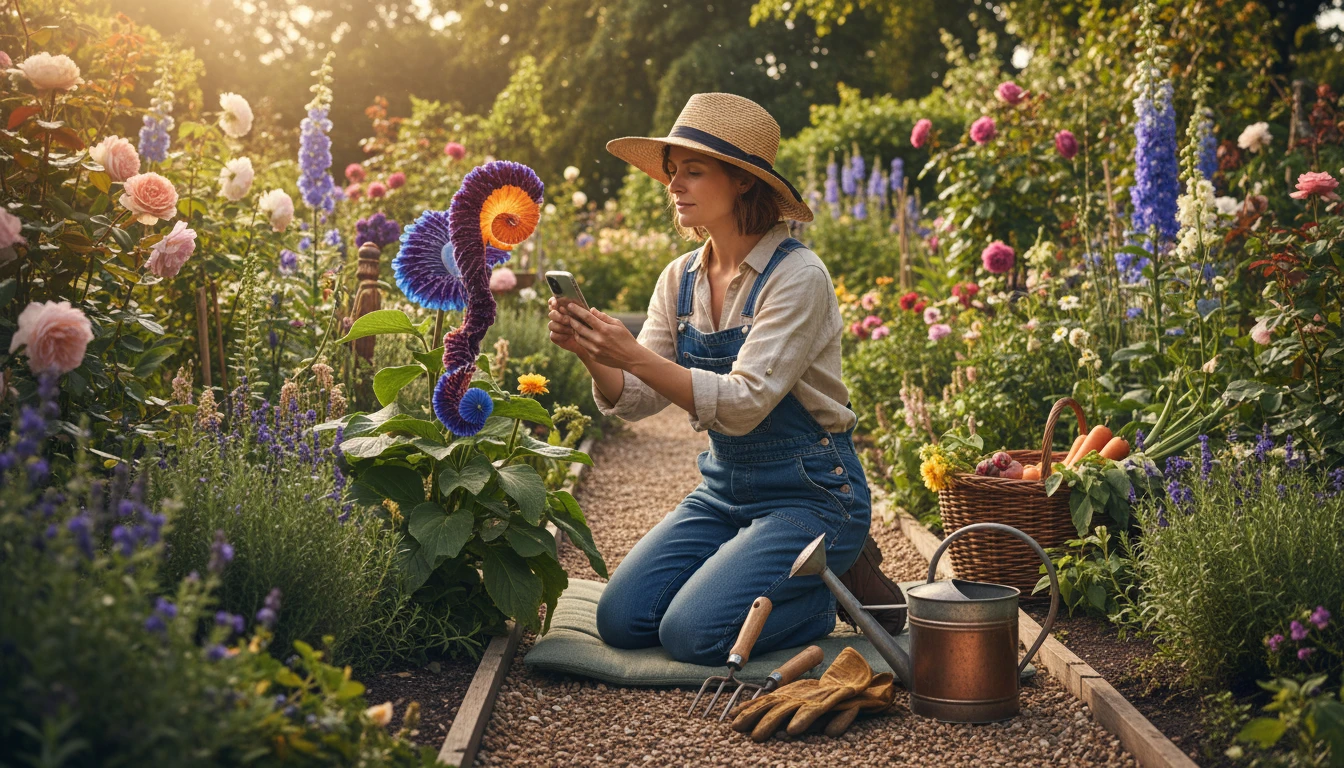 Gardener examining an unknown flower in a garden bed with a smartphone